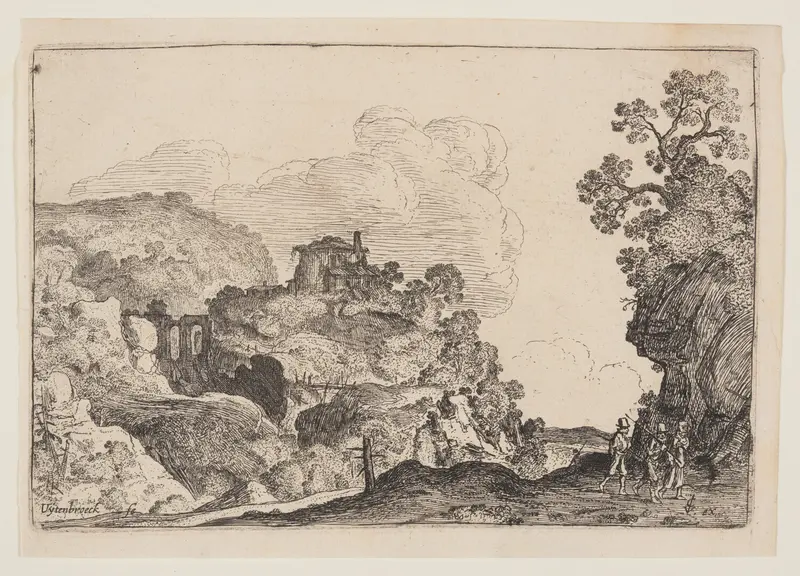 Rocky Landscape with Three Travelers Wall Art by Moses van Uyttenbroeck - High-Resolution Digital Print