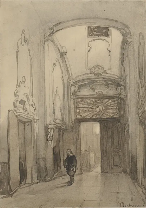 Rococo portaal in het stadhuis in Den Haag met een man in zeventiende-eeuws kostuum Wall Art by Unknown - High-Resolution Digital Print