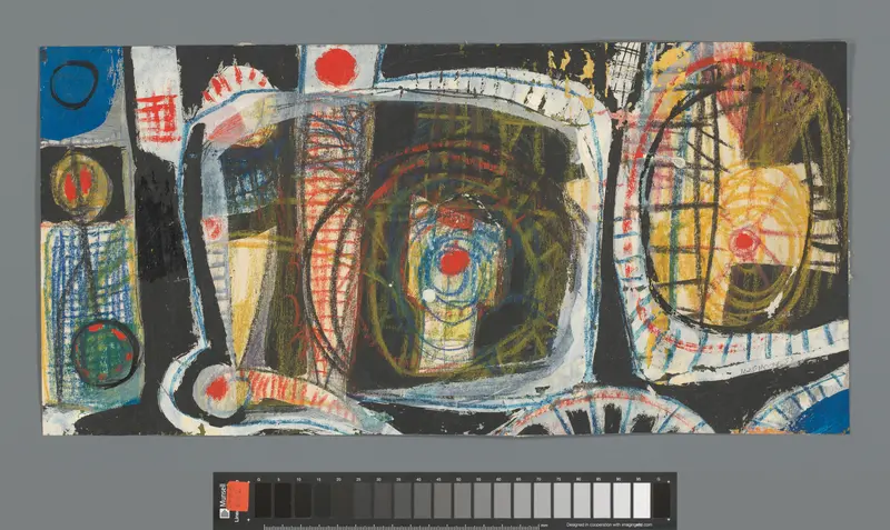 Rode punten en gekleurde cirkels op zwart-witte achtergrond Wall Art by Unknown - High-Resolution Digital Print