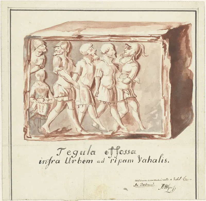 Rode tegel met afbeelding van gevangenneming van Bataven door Romeinen, gevonden in de Waal beneden Nijmegen Wall Art by Hendrik van Wijn - High-Resolution Digital Print