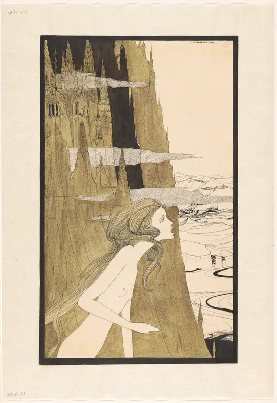 Roepende vrouw voor rotsen met een kasteel Wall Art by Unknown - High-Resolution Digital Print