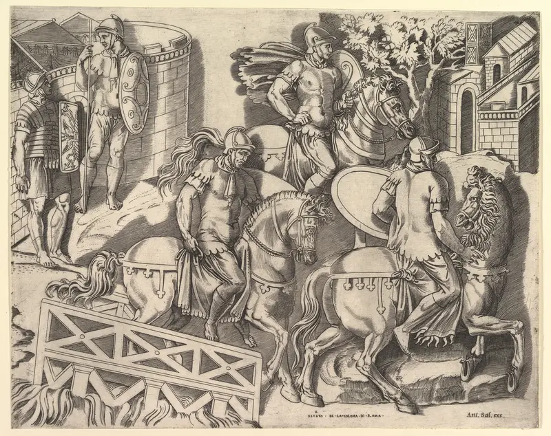 Roman Horsemen Crossing a Bridge (from Trajan's Column), from "Speculum Romanae Magnificentiae"