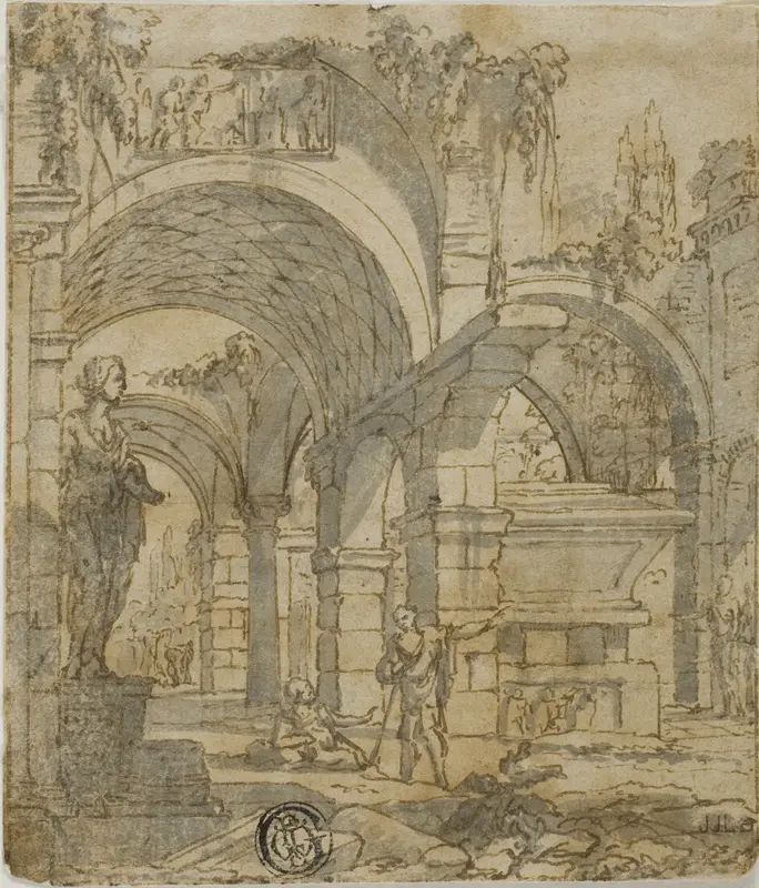 Roman Ruins and Two Figures Wall Art by Giovanni Paolo Panini - High-Resolution Digital Print