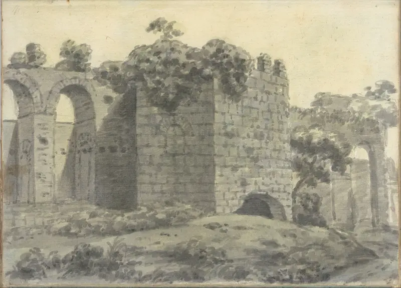 Roman ruins Including an arched aqueduct and tower (Smaller Italian sketchbook, leaf 2 recto) Wall Art by Joseph Wright (Wright of Derby) - High-Resolution Digital Print