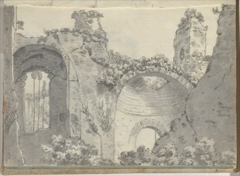 Roman ruins with arched alcoves (Smaller Italian sketchbook, leaf 3 recto) Wall Art by Joseph Wright (Wright of Derby) - High-Resolution Digital Print