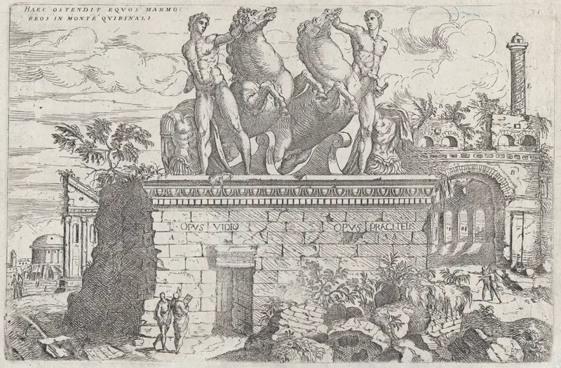 Roman ruins with the horse tamers (Dioscuri) on the Quirinal Hill, plate 36 from "Discorsi Sopra L’Antichita di Roma" Wall Art by Giovanni Battista Pittoni the Elder - High-Resolution Digital Print