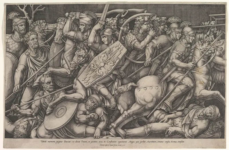 Roman soldiers fighting against Dacians, battle scene in shallow depth with horses and horn-players (after a bas-relief on the Arch of Constantine, Rome) Wall Art by Nicolas Beatrizet - High-Resolution Digital Print