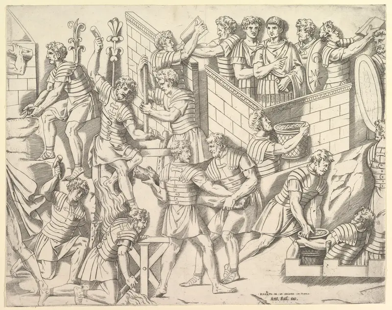 Roman Soldiers Fortifying their Camp, from Trajan's Column, from "Speculum Romanae Magnificentiae"