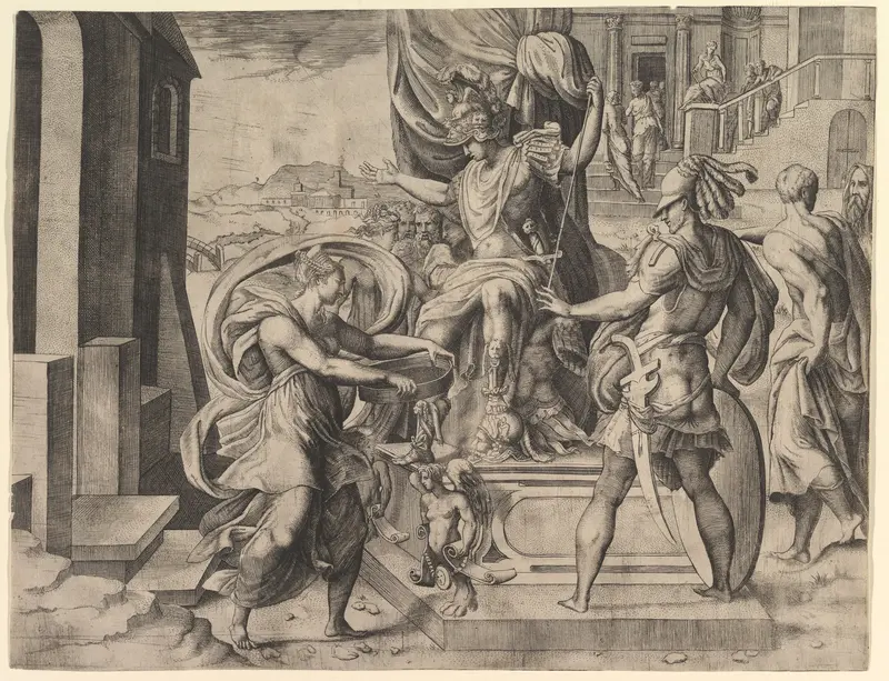 Rome emperor on a throne, vestal virgin Tuccia holding a sieve approaching from the left Wall Art by Giulio Bonasone - High-Resolution Digital Print