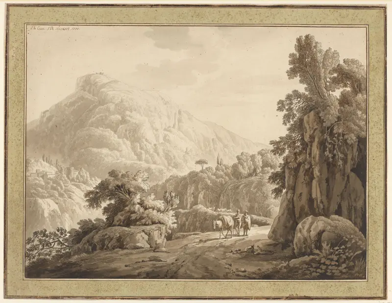Romeins landschap met bergweg waarop twee mannen met een muilezel Wall Art by Jacob Philipp Hackert - High-Resolution Digital Print