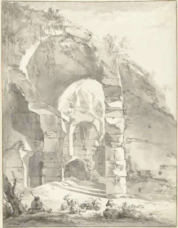 Romeinse ruïnes met een herder en een kudde schapen en geiten Wall Art by Willem Romeyn - High-Resolution Digital Print