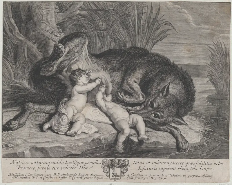 Romulus and Remus suckling the she-wolf on a riverbank Wall Art by Anonymous - High-Resolution Digital Print