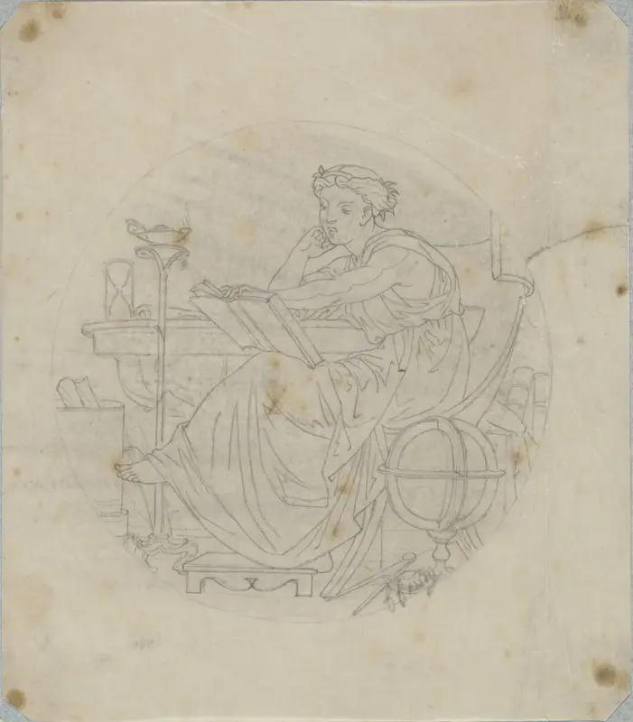 Rond medaillon met een antieke vrouwenfiguur die een boek leest, bij een globe, een zandloper, papierrollen en een olielamp Wall Art by Henri Cameré - High-Resolution Digital Print