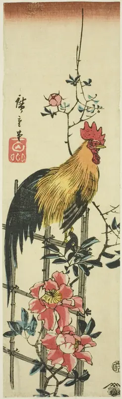 Rooster perched on rose trellis Wall Art by Utagawa Hiroshige - High-Resolution Digital Print