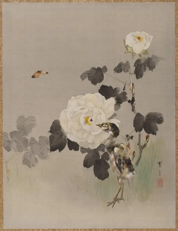 Roses, Young Bird and a Butterfly Wall Art by Watanabe Seitei - High-Resolution Digital Print