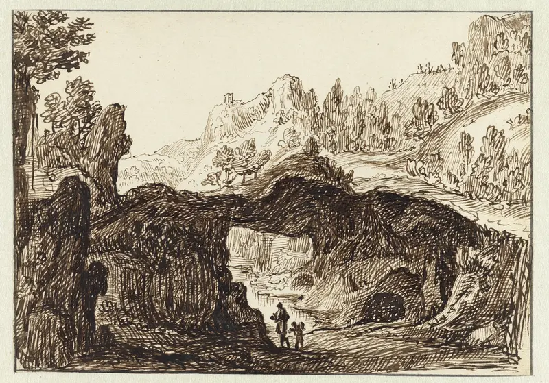 Rotsachtig berglandschap met op de voorgrond twee reizigers Wall Art by Jan van Almeloveen - High-Resolution Digital Print