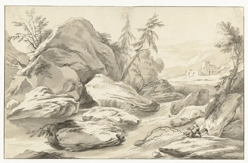 Rotsachtig landschap met een tekenaar bij een rivier Wall Art by Richard van Orley (II) - High-Resolution Digital Print