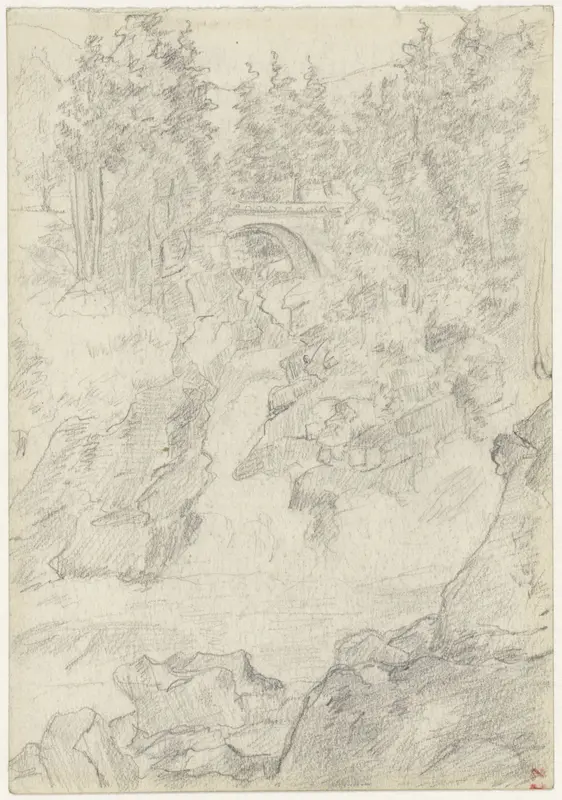 Rotslandschap met een waterval en een brug