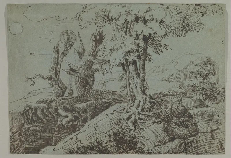 Rugged Moonlit Landscape with a Woman Seated by Gnarled Tree Roots, and an Owl Wall Art by Ludwig Emil Grimm - High-Resolution Digital Print
