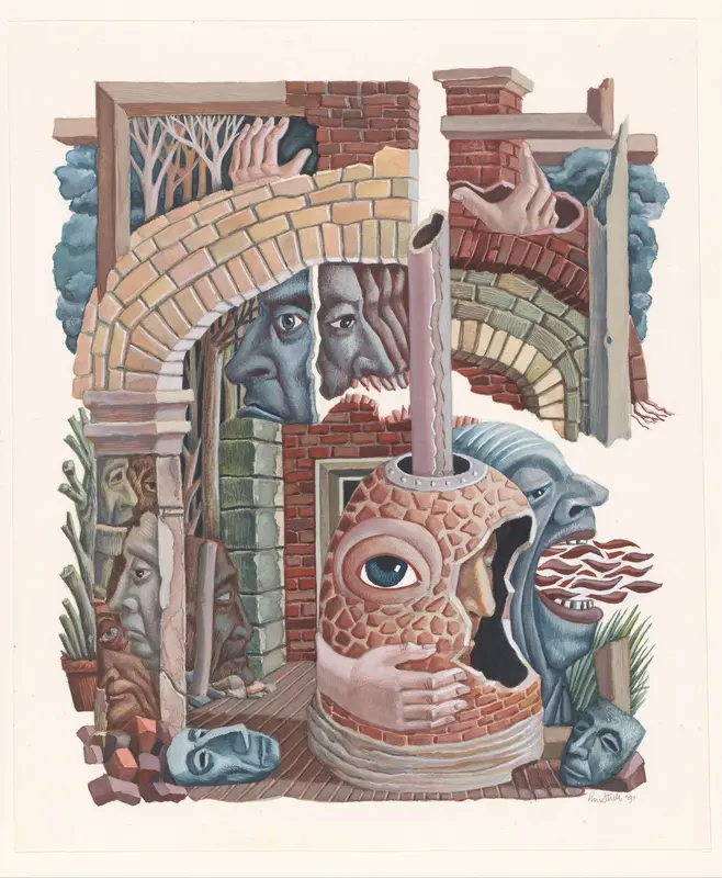 Ruimte met bogen van baksteen, een oven en gezichten Wall Art by Unknown - High-Resolution Digital Print