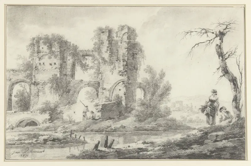 Ruïne aan een rivier met rechts een jongen en een meisje Wall Art by Jean Baptiste Pillement - High-Resolution Digital Print