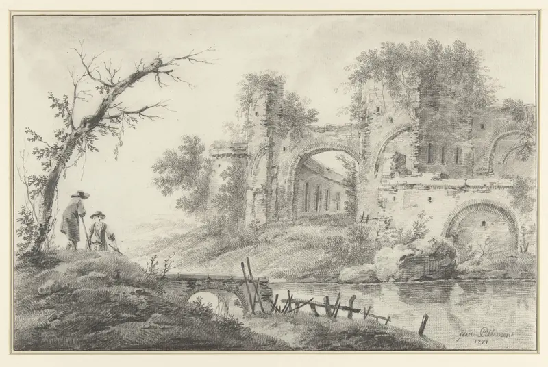 Ruïne aan een rivier met twee landlieden Wall Art by Jean Baptiste Pillement - High-Resolution Digital Print