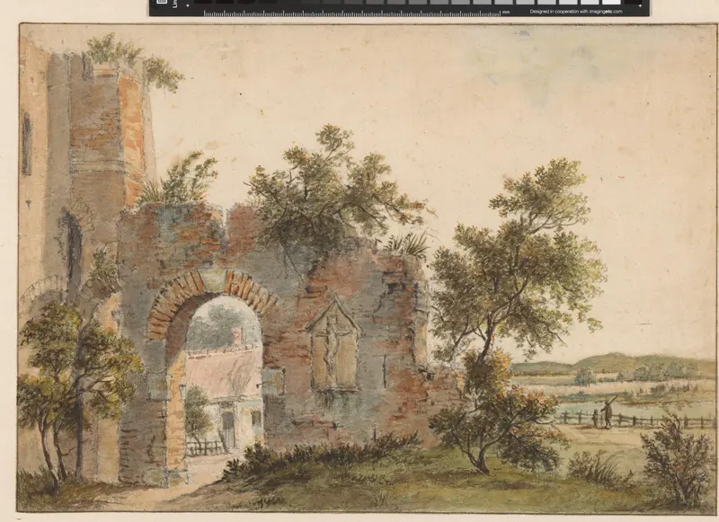 Ruïne van een kerk of kasteel met gezicht op de duinen Wall Art by anonymous - High-Resolution Digital Print