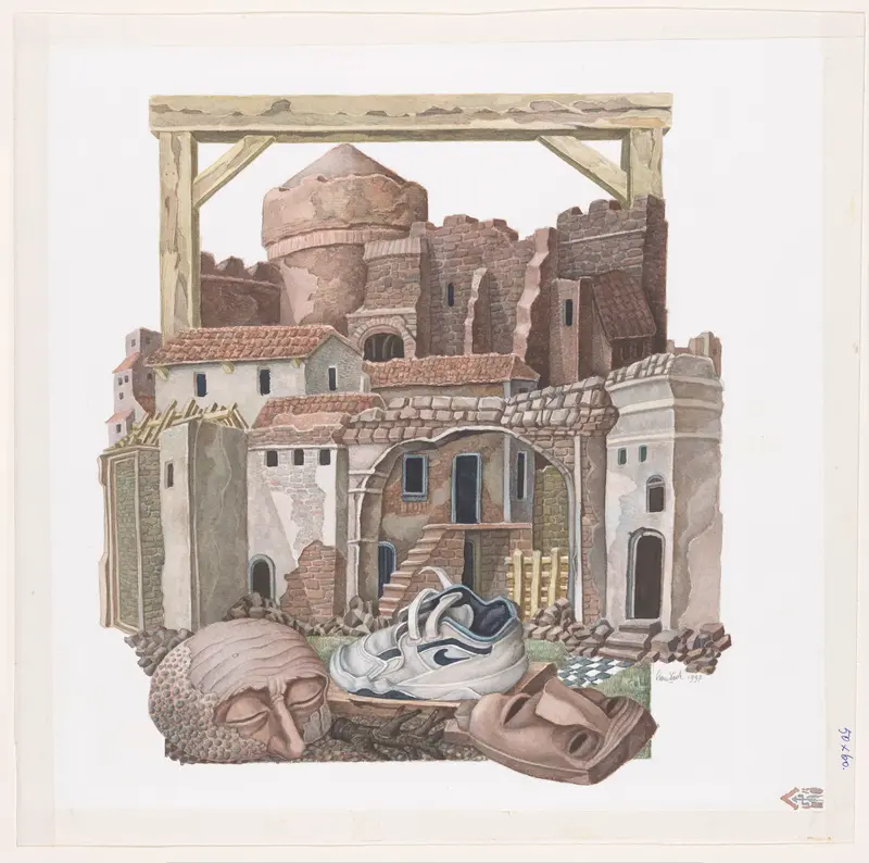 Ruïne van een stadsmuur en huizen Wall Art by Unknown - High-Resolution Digital Print
