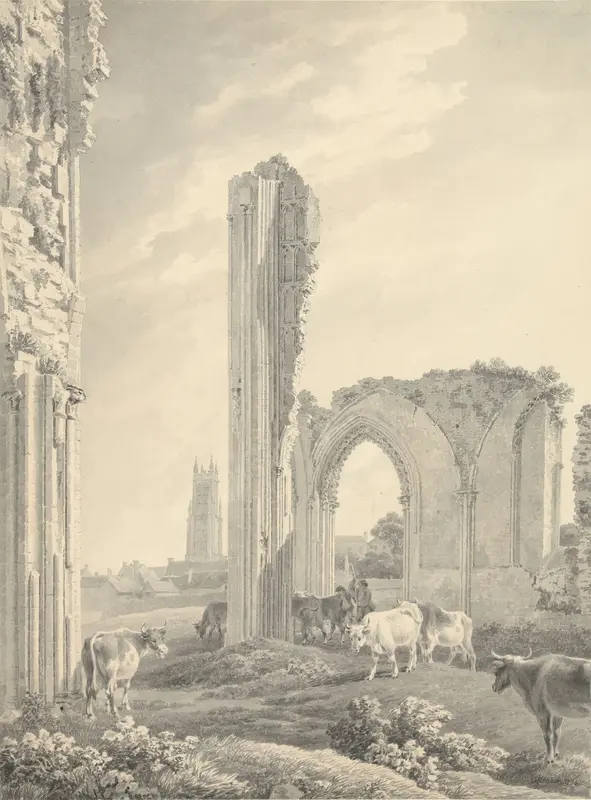 Ruïne van Glastonbury Abbey met de toren van St. John op de achtergrond