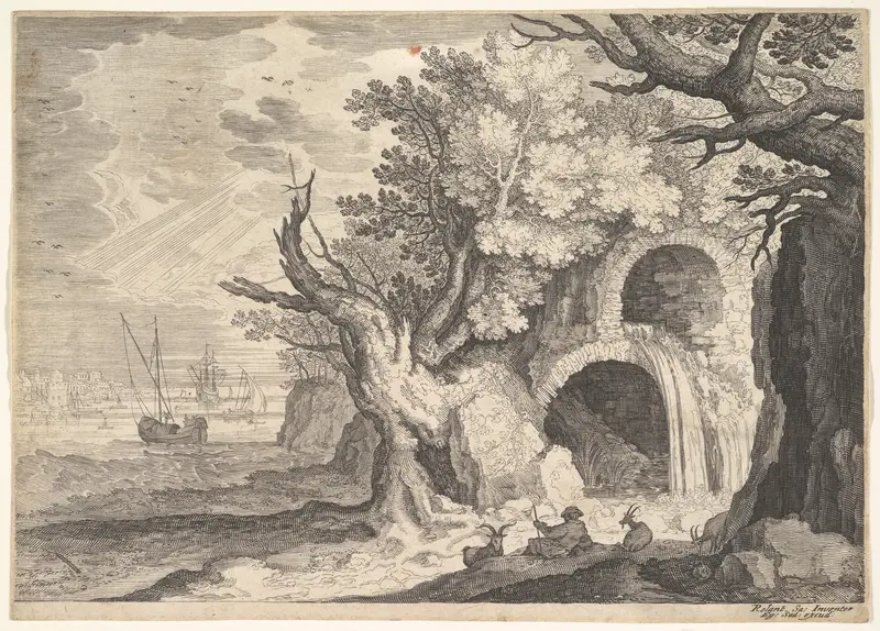 Ruined aqueduct with water spilling from it to a stream below, ships at sea beyond, a man reclining on the ground with three goats in the foreground, from "Six Landscapes in Tyrol" Wall Art by Roelandt Savery - High-Resolution Digital Print