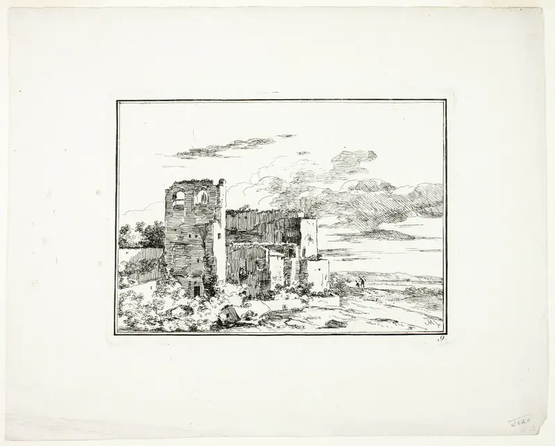 Ruined Buildings near a River Bank, plate 9 from Quatrieme suite de paysages dessinés et grave a l’eau-forte par Moreau (Fourth Series of Landscapes Drawn and Etched by Moreau) Wall Art by Louis Gabriel Moreau - High-Resolution Digital Print