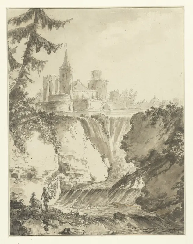 Ruïneus kerkgebouw bij een waterval Wall Art by anonymous - High-Resolution Digital Print