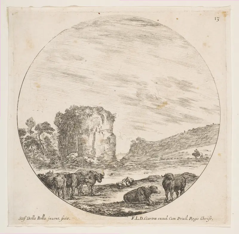 Ruins of a temple in a Roman landscape, plate 13 from "Roman landscapes and ruins" (Paysages et ruines de Rome) Wall Art by Stefano della Bella - High-Resolution Digital Print