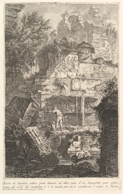 Ruins of an ancient tomb in front of ruins of an ancient aqueduct (Ruine di Sepolcro antico posto dinanzi ad altre ruine d'un Aquedotto), from "Prima Parte di Architettura, e Prospettive"