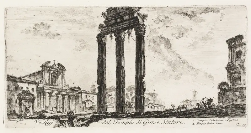 Ruins of the Temple of Jupiter Stator [Jupiter the Supporter]. 1. Temple of Antoninus and Faustina. 2. Temple of Peace, plate 10 from Some Views of Triumphal Arches and other Monuments Wall Art by Giovanni Battista Piranesi - High-Resolution Digital Print