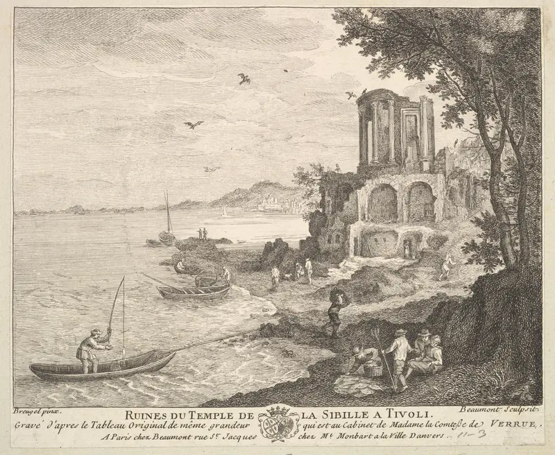 Ruins of the Temple of the Sybil in Tivoli (Ruines du Temple de la Sibille a Tivoli) after the painting in the collection of Madame la Comtesse de Verrue Wall Art by Pierre François Beaumont - High-Resolution Digital Print