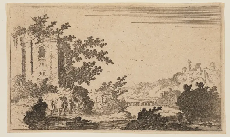 Ruins to Left of a River in Hilly Country, from Twelve Landscapes Wall Art by Gillis van Scheyndel - High-Resolution Digital Print