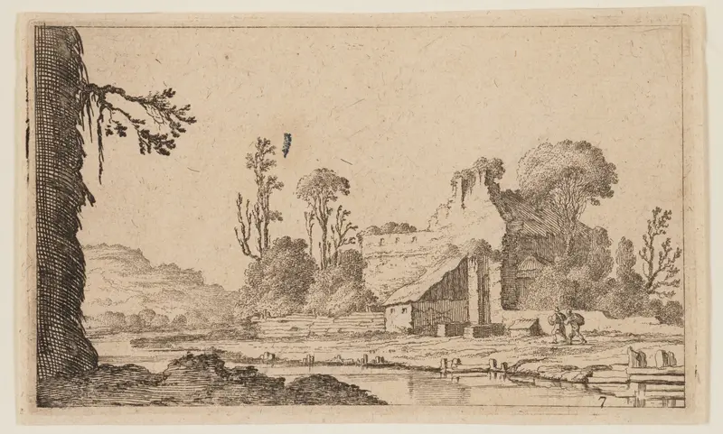 Ruins Transformed into a Farm on a River, from Twelve Landscapes Wall Art by Gillis van Scheyndel - High-Resolution Digital Print