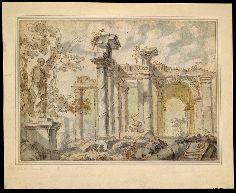 Ruins, with a Statue on the Left Wall Art by Giovanni Paolo Panini - High-Resolution Digital Print