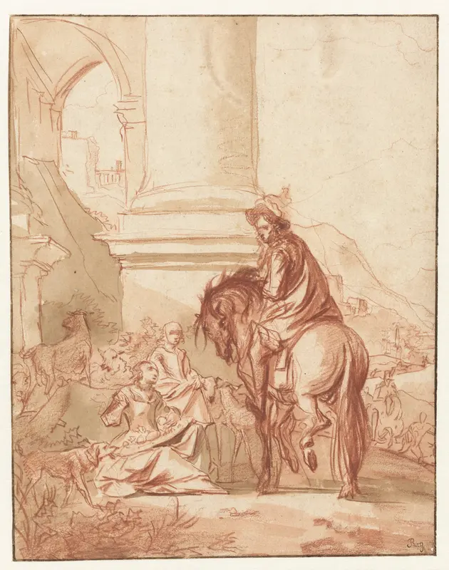 Ruiter begroet twee dames voor de portiek van een gebouw Wall Art by Unknown - High-Resolution Digital Print