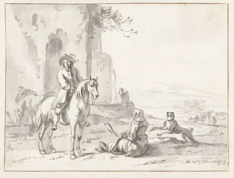 Ruiter bij een op de grond zittende spinnende vrouw Wall Art by Hendrik Verschuring - High-Resolution Digital Print