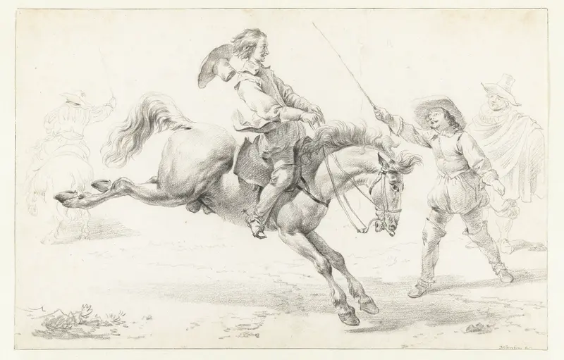 Ruiter op een paard dat achteruit trapt en drie andere figuren Wall Art by Unknown - High-Resolution Digital Print
