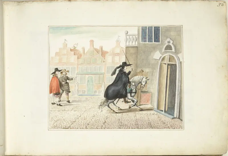 Ruiter te paard bij de ingang van een openbaar gebouw Wall Art by Unknown - High-Resolution Digital Print