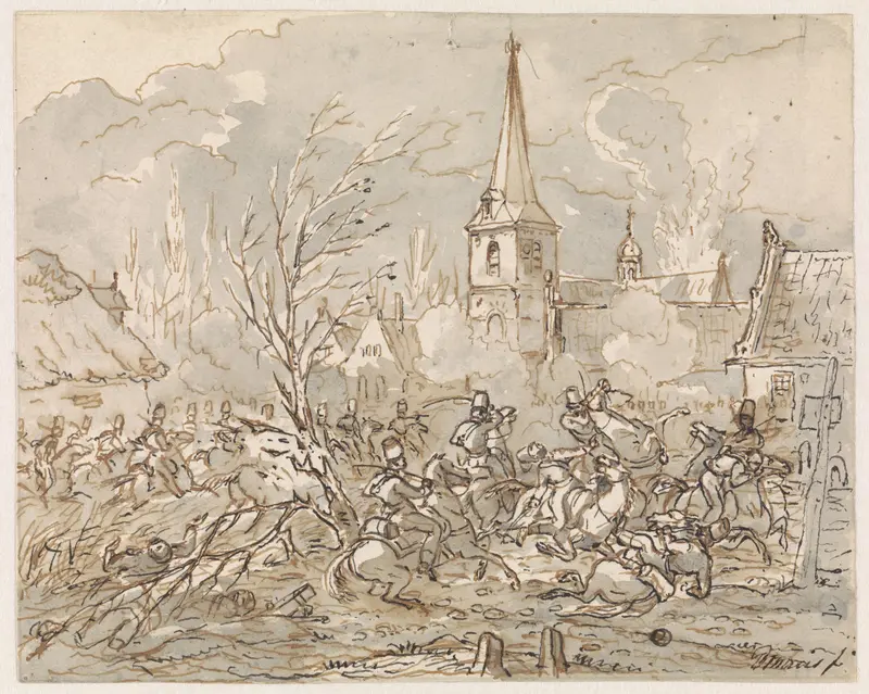 Ruitergevecht bij de inneming van een dorp Wall Art by Gerardus Emaus de Micault - High-Resolution Digital Print
