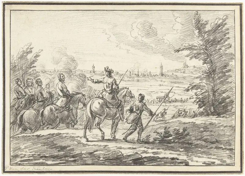 Ruiters op een heuvel voor een stad Wall Art by Unknown - High-Resolution Digital Print