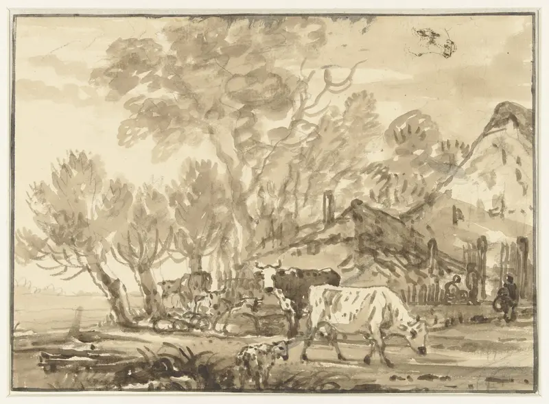 Runderen bij een boerderij en schets van een koeienkop Wall Art by Jacob van Strij - High-Resolution Digital Print