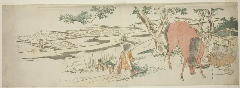 Rural Scene in Early Summer: Peasants Transplanting Rice and a Man Washing a Horse Wall Art by Katsukawa Shun'ei - High-Resolution Digital Print