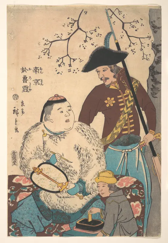 Russians and a Chinese Inscribing a Fan Wall Art by Utagawa Hiroshige II - High-Resolution Digital Print