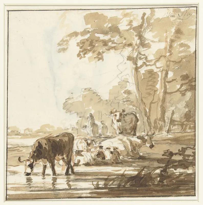 Rustend vee aan een bosrand bij een poel Wall Art by Jacob van Strij - High-Resolution Digital Print