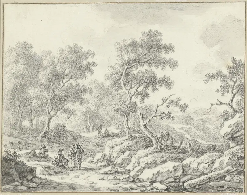 Rustende en wandelende personen in boomrijk landschap Wall Art by Johann Christoph Dietzsch - High-Resolution Digital Print